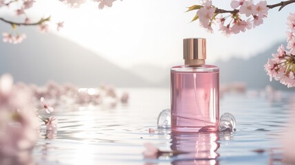  Elegant Perfume Bottle Floating on Water with Cherry Blossoms and Sunset