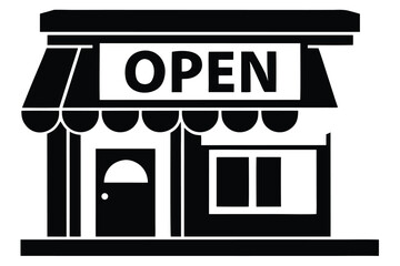 Simple black and white illustration of a storefront with an open sign