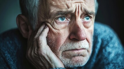 An elderly man with blue eyes rests his face on his hand, displaying a pensive, somber expression with visible wrinkles and a grey beard.