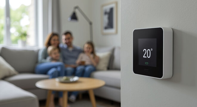 Smart thermostat displaying 20 degrees with family relaxing on sofa in background. Digital temperature control panel mounted on white wall. Home automation technology. Climate control services