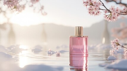  Elegant Perfume Bottle Floating on Water with Cherry Blossoms and Sunset