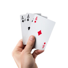 The hand holds four playing cards on a transparent background. These are the four aces from a standard deck: spade, club, heart, and diamond.