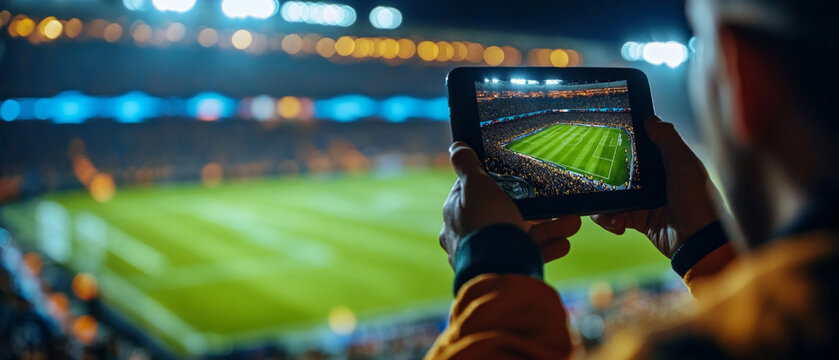 Soccer match in a stadium filmed with a tablet. Ideal for sports news and event publicity. - Powered by Adobe