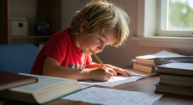 A young boy diligently concentrates on his homework, writing at his desk in a well-lit room.