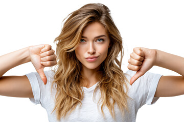 A woman with long blonde hair. She is wearing a white T-shirt and giving a thumbs-down gesture with both hands.