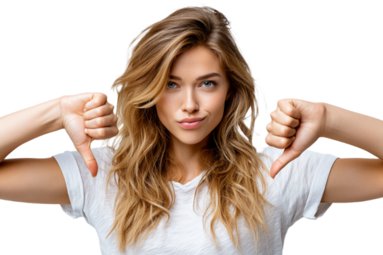 A woman with long blonde hair. She is wearing a white T-shirt and giving a thumbs-down gesture with both hands.