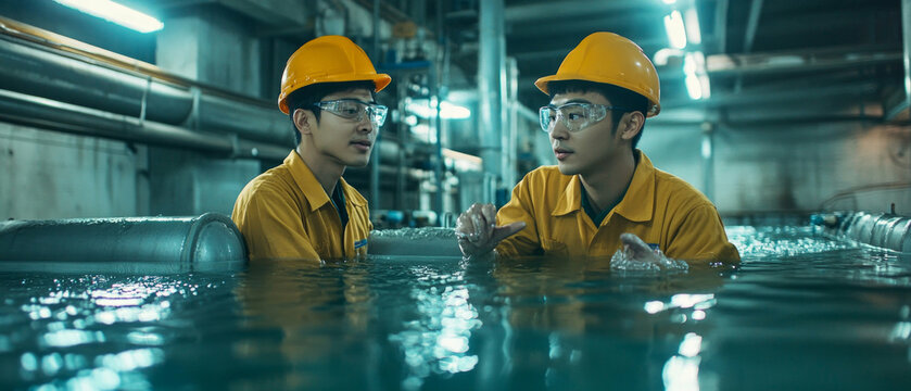 Workers in hazmat suits discussing a project in the water. Applicable for articles on industrial safety and engineering.