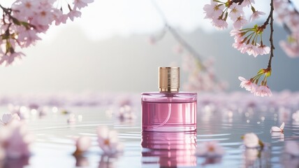  Elegant Perfume Bottle Floating on Water with Cherry Blossoms and Sunset