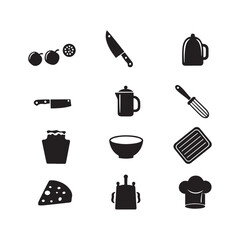 Black Kitchen Utensil and Food Icons Set vector silhouette
