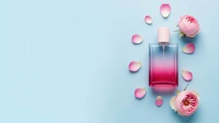  Elegant Perfume Bottle with Rose Petals on Soft Blue Background