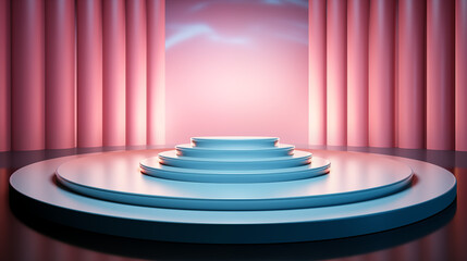 3D Light Blue Podium with Pink and Gold Glowing Background, the setting has a soft, polished, and futuristic aesthetic with vertical columns adding depth.