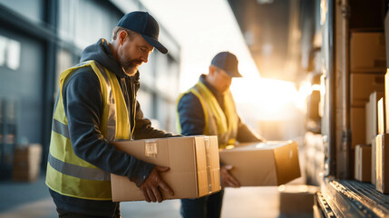 Workers in safety vests loading cardboard boxes into a delivery truck outside a warehouse. Professional logistics scene.