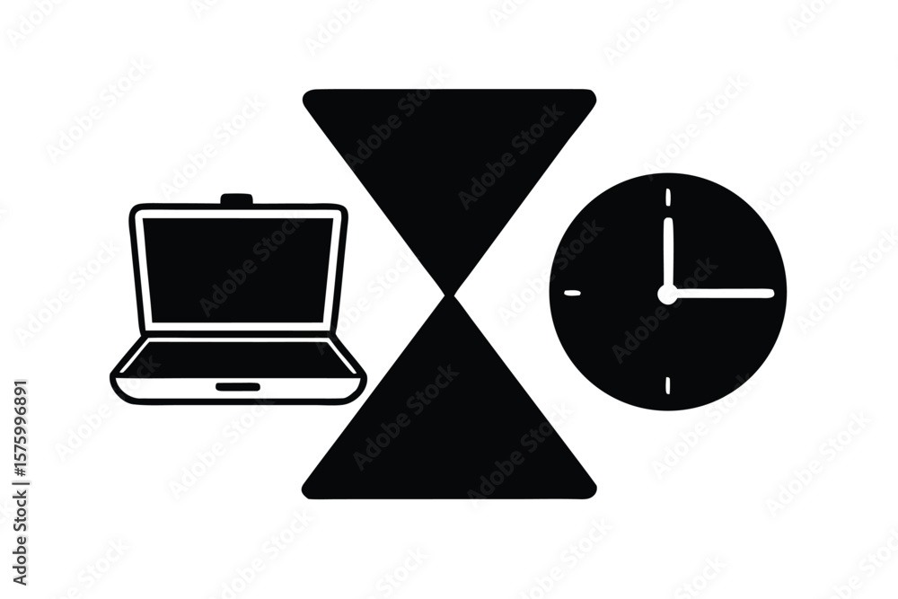 Poster laptop computer hourglass and clock icons symbolizing time management and productivity