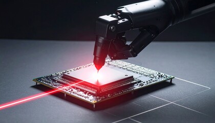 Black robotic hand scanning microchip with red laser line, dark background and center-focused layout, ideal for sci-fi or tech hero image.