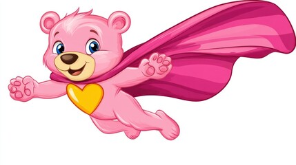 A pink bear cub, wearing a pink cape and a gold heart emblem, joyfully soars through the air