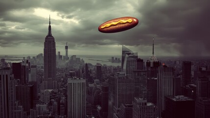 Hot dog UFO over NYC skyline
