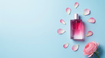  Elegant Perfume Bottle with Rose Petals on Soft Blue Background
