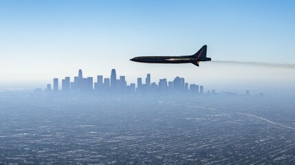 Jet plane over Los Angeles cityscape
