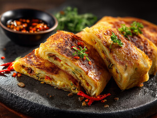 Martabak Telur sliced open with acar and chili, warm food lighting