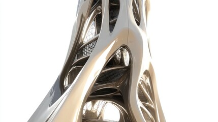 Abstract, biomorphic tower design; organic, metallic, sculptural form with intricate, interwoven details; light reflects on smooth, curving surfaces