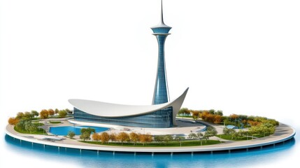 Futuristic island complex with a tall, slender tower and a curved, modern building, surrounded by water and autumnal landscaping