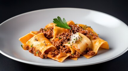 Delicious Plate of Pasta with Savory Meat and Melted Cheese Toppings