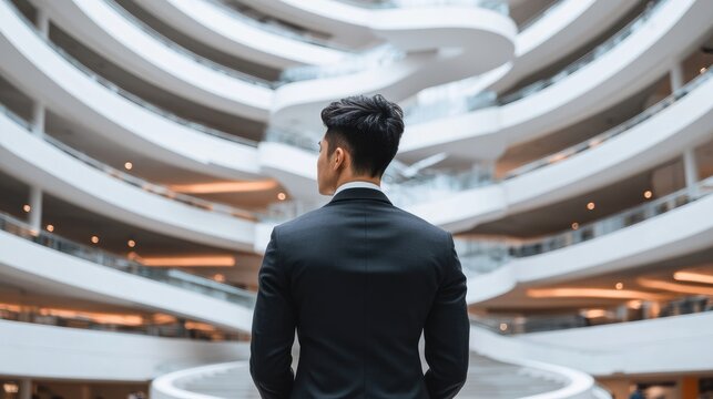 Businessman gazes at a modern architectural .