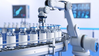 Robotic arm filling glass vaccine vials on sterile conveyor in a cleanroom, soft lighting with blue and white tones, close-up with copy space.