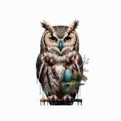 Naklejka premium Wise Owl's Gaze: The majestic great horned owl, perched regally, captures attention with its piercing gaze, its keen eyes revealing intelligence.