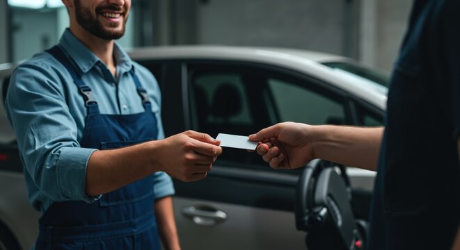 Smiling mechanic in blue overalls exchanging business card with customer in auto repair garage. Professional automotive service and customer relations concept