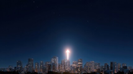 Impressive City Skyline Illuminated by a Bright Light Pointing Upward Against a Dark Night Sky