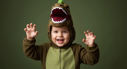 Happy toddler wearing brown dinosaur costume with hood making scary claws gesture. Playful child in prehistoric animal outfit for Halloween parties and entertainment