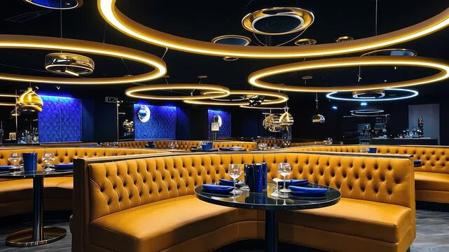 Chic restaurant with mustard-yellow booths, circular light fixtures, and a dark, modern atmosphere