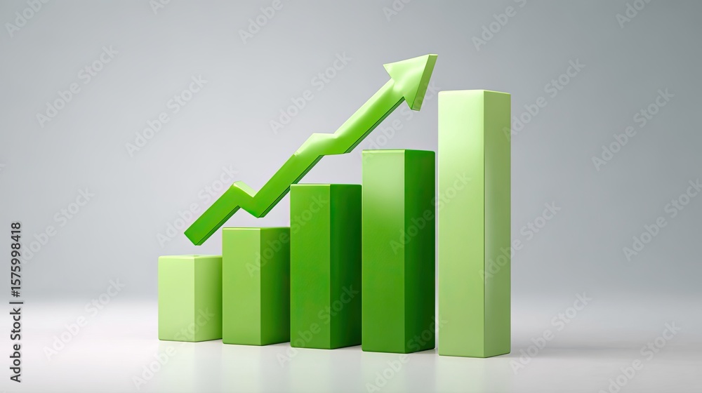 Poster green bars representing growth with upward arrow symbolizing progress in business performance and fi