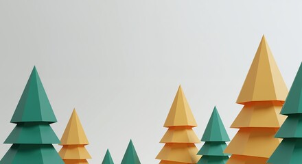 Paper Christmas trees in green and yellow creating dimensional forest. Modern geometric holiday decoration for contemporary seasonal marketing and design services