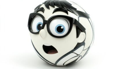 A spherical cartoon character with glasses, surprised expression, and dark hair, rendered in 3D against a white background