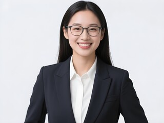 Happy smiling confident young professional female corporate leader, female corporate leader, Asian female lawyer, her manager wearing suit and glasses standing isolated above white background