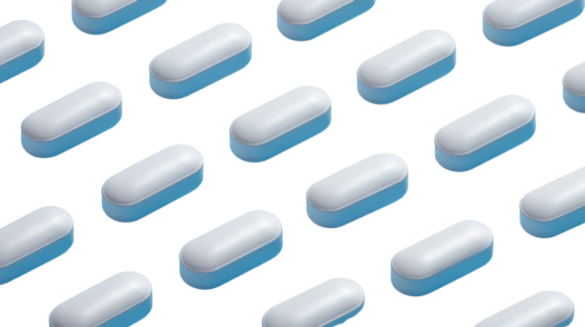 Isometric arrangement of capsules with a blue and white color scheme on black background