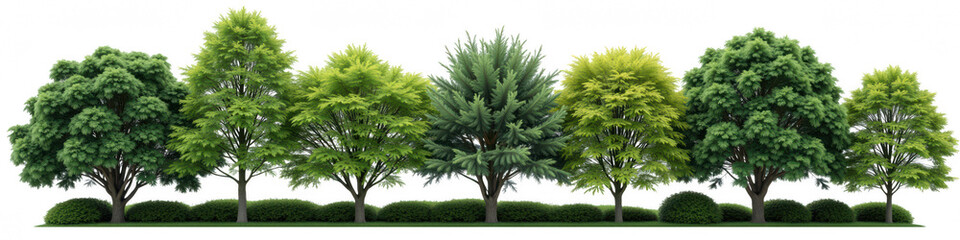 Lush green trees line serene landscape, showcasing various shades of foliage and textures, creating tranquil atmosphere