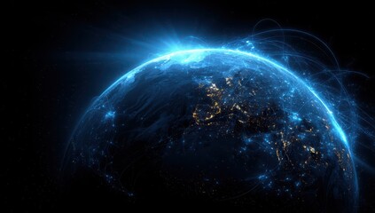 Obraz premium Earth view from space, with glowing city lights and hazy atmosphere on blackness