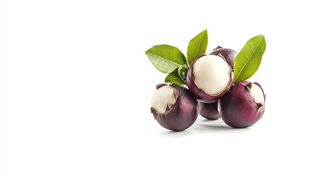 Peeled and unpeeled dark-purple fruits with vibrant green leaves, isolated on a pure white background