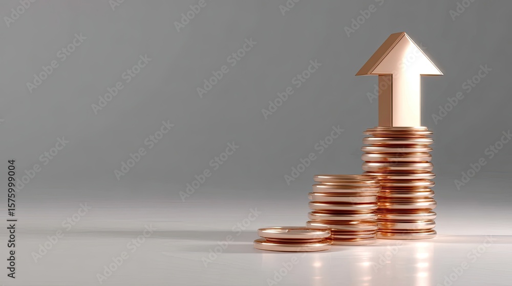 Poster stacked coins with arrow pointing upward symbolizing growth and financial success in a minimalistic 