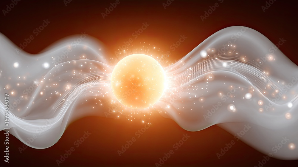 Poster abstract glowing sphere with soft waves and sparkling particles on a dark background for creative an
