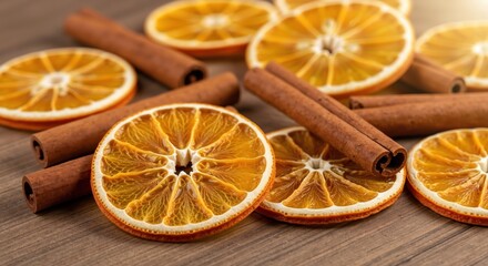 Dried orange slices with cinnamon sticks creating natural holiday decoration arrangement. Organic citrus and spice elements for festive crafting. Eco-friendly christmas. Natural crafts, aromatherapy