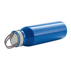 Blue metallic reusable water bottle isolated against a dark background scene