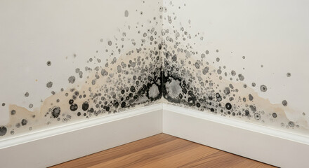 Severe water damage leading to mold growth on a white wall in a room corner, indicating dampness and a potential health hazard inside a building.