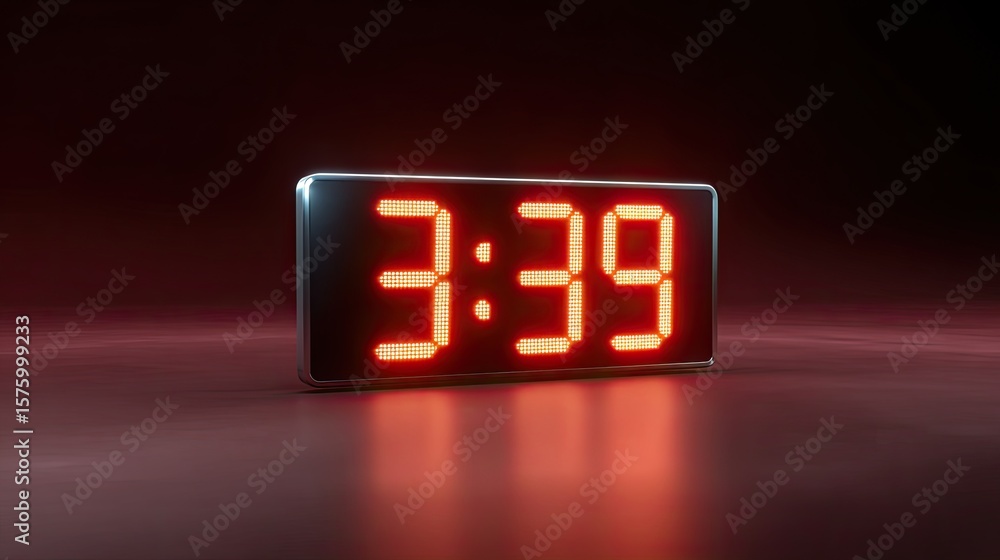 Poster digital alarm clock displaying time in bold red numerals against a dark background
