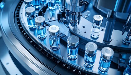 Futuristic robotic machine sealing vaccine vials in sterile lab with cold blue tones, top-down cinematic 3D render view.