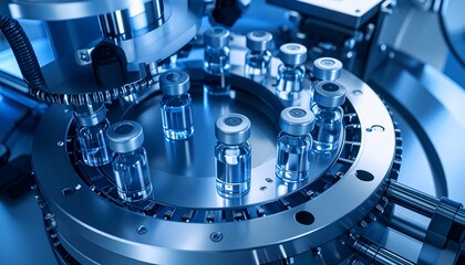 Futuristic robotic machine sealing vaccine vials in sterile lab with cold blue tones, top-down cinematic 3D render view.