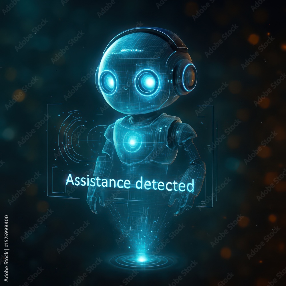 Poster a futuristic ai robot with glowing lights on the digital interface, the robot is designed to represe